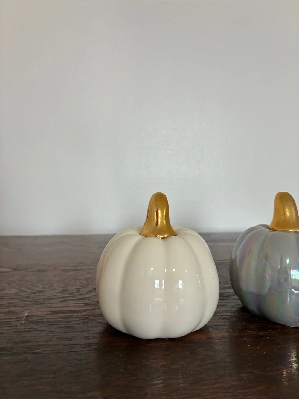 NWT- Set of 3- White & Gray Pearl Iridescent- Ceramic Pumpkins with Gold Stems